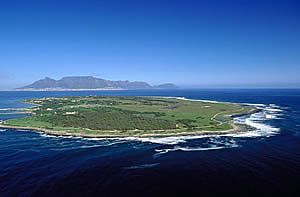 Aerial of Robben Island and Table Mountain